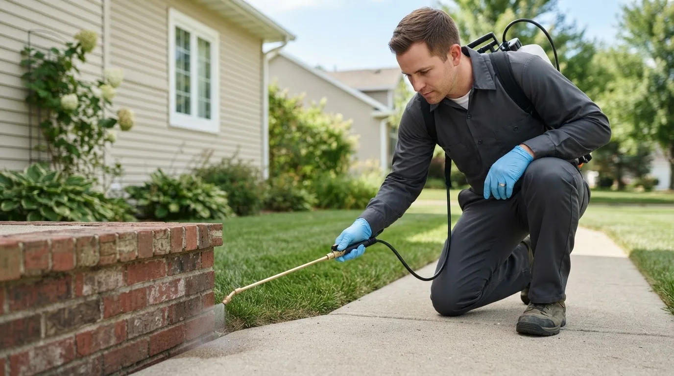 Pest control technician treating a home near Artesia Wells, TX